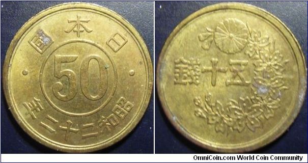 Japan 1947 (Showa 22) 50 sen. Slight off-strike.