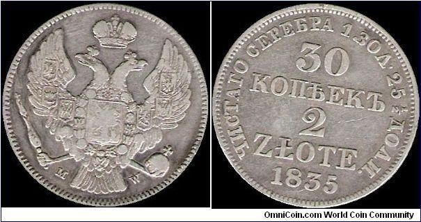 30 Kopecks/2 Zlote 1835 MW, Poland