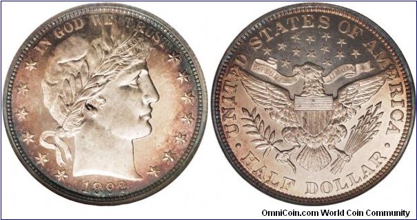 1892 BARBER LIBERTY HEAD HALF DOLLAR.  Strong field-design contrast is apparent on this sharply struck 1892 proof half. Whispers of cobalt-blue, lavender, and golden-tan color gravitate to the peripheries, especially on the obverse, where moderate roller marks reside. Exceptionally well struck on the design elements. Light doubling is seen on some of the reverse lettering, especially HALF DOLLAR.