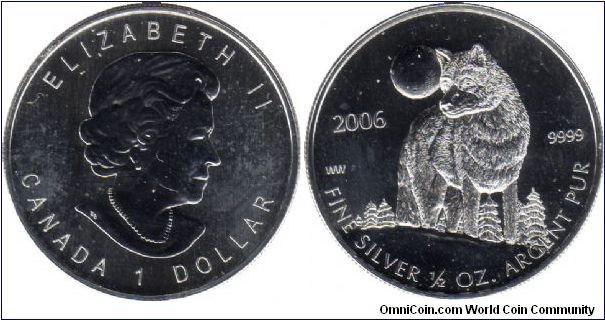 2006 1/2 ounce .9999 Ag wolf Dollar