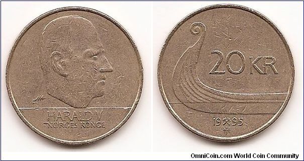 20 Kroner
KM#453
8.7000 g., Copper-Zinc-Nickel Ruler: Harald V Obv: Head right
Rev: Value above 1/2 ancient boat