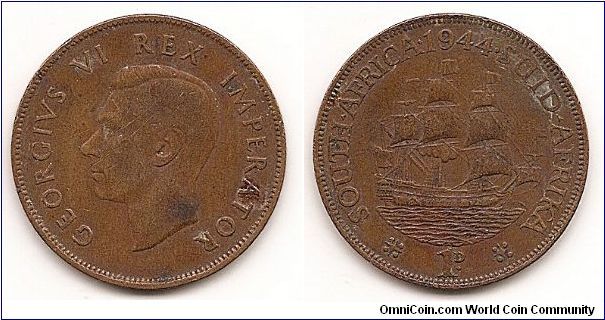 1 Penny
KM#25
9.3000 g., Bronze, 30.8 mm. Ruler: George VI Subject:
Dromedaris (ship) Obv: Head left Rev: Sailing ship