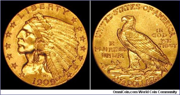 1909 Indian Head Gold Quarter Eagle, incused design.