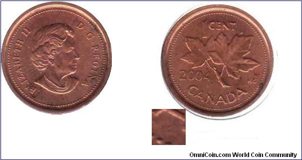 2004 dot 1 cent - The dot is very small and doesn't show up well on the scan. It is under the first A in CANADA