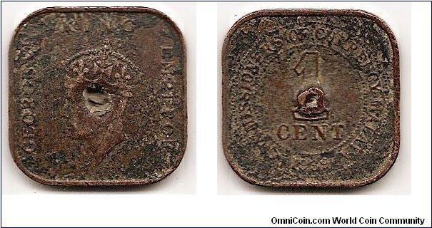 Malaya 1 cent
KM#2
5.8200 g., Bronze, 21 mm. Obv: Crowned head of King George
VI left Rev: Value within beaded circle