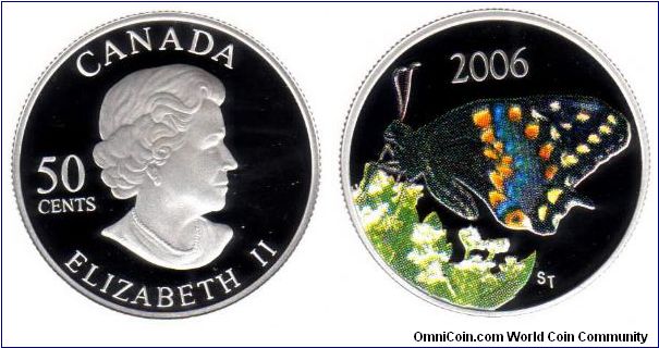 50 cent Short-tailed swallowtail colourized coin.  Sterling silver. Mintage 20,0000