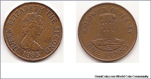 1 Penny
KM#54
3.6400 g., Bronze, 20.23 mm. Ruler: Elizabeth II Obv: Young
bust right Rev: Le Hocq Watch Tower, St. Clement Edge: Plain