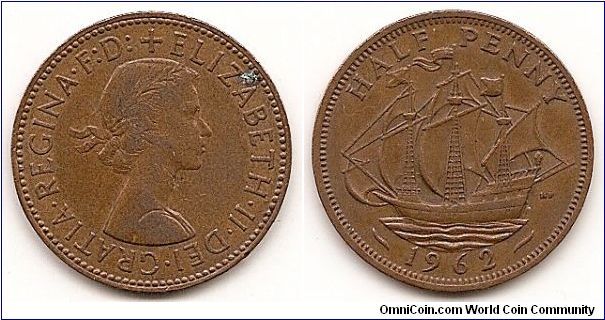 1/2 Penny
KM#896
5.6000 g., Bronze, 25.44 mm. Ruler: Elizabeth II Obv: Laureate
bust right Obv. Leg.: Without BRITT OMN Rev: The Golden Hind
Edge: Plain