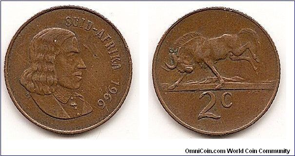 2 Cents
KM#66.2
4.0000 g., Bronze, 22.45 mm. Obv: Afrikaans legend Rev: Black
Wildebeest