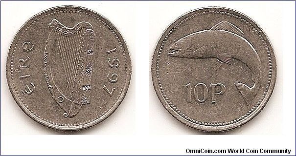 10 Pence
KM#29
5.4500 g., Copper-Nickel, 22 mm. Obv: Irish harp Rev: Salmon
Edge: Reeded Note: Reduced size.