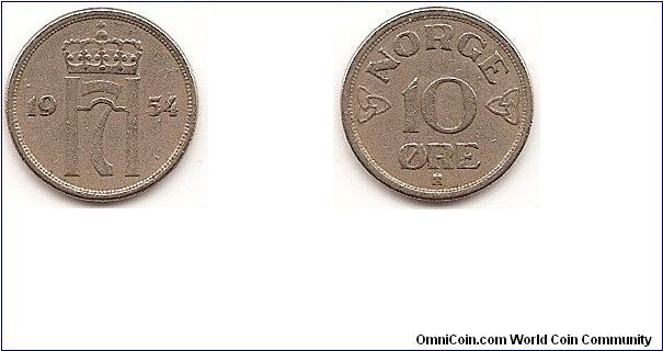 10 Ore
KM#396
1.5000 g., Copper-Nickel, 15 mm. Ruler: Haakon VII Obv:
Crowned monogram divides date Rev: Value flanked by designs