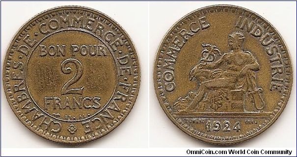 2 Francs
KM#877
8.0000 g., Aluminum-Bronze, 27 mm. Subject: French
Chamber of Commerce Obv: Denomination within circle Rev:
Mercury seated left, caduceus at left, shield on right, date below
Note: Without mint mark.