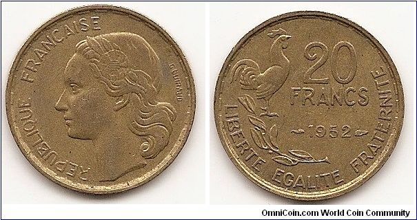 20 Francs
KM#917.1
4.0000 g., Aluminum-Bronze, 23 mm. Obv: Head left, “G. GUIRAUD” behind head Rev: Denomination above date at right, rooster above laurel branch at lef