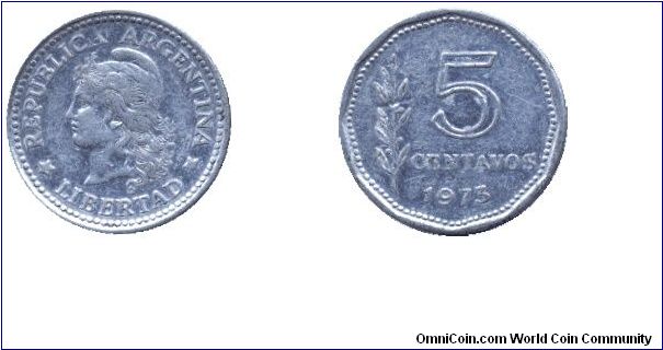 Argentina, 5 centavos, 1973, Al, Republica Argentina, Libertad.                                                                                                                                                                                                                                                                                                                                                                                                                                                     
