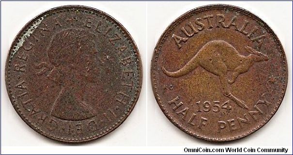 1/2 Penny
KM#49
5.6700 g., Bronze, 25.5 mm. Ruler: Elizabeth II Obv: Laureate bust right Obv. Legend: DEI • GRATIA • REGINA + ELIZABETH • II • Rev: Kangaroo leaping right