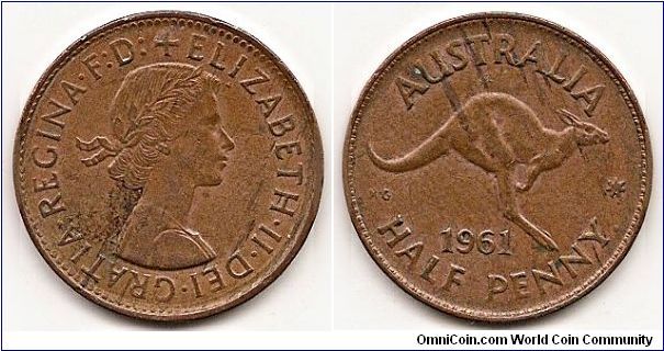1/2 Penny
KM#61
5.9000 g., Bronze, 25.5 mm. Ruler: Elizabeth II Obv: Laureate bust right Obv. Legend: DEI • GRATIA • REGINA • F:D: + ELIZABETH • II • Rev: Kangaroo leaping right