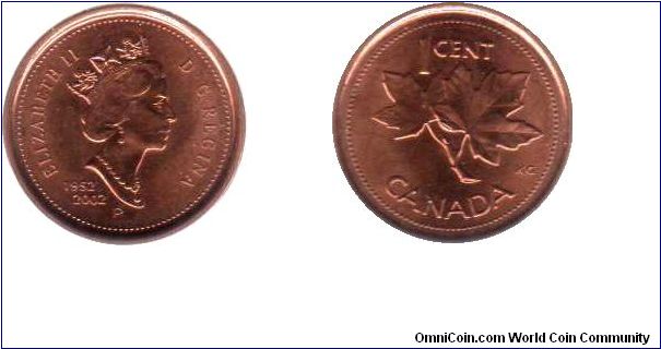 2002 P 1 cent - In Canadian coins the P mark is not a mint mark as such, but designates a coin made in the new way (zinc or steel core with a plating of Copper or nickel)