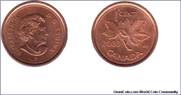 2003 P 1 cent. - In Canadian coins the P mark is not a mint mark as such, but designates a coin made in the new way (zinc or steel core with a plating of Copper or nickel)