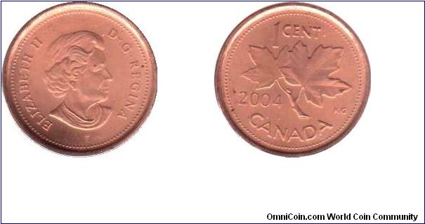 2004 P 1 cent. - In Canadian coins the P mark is not a mint mark as such, but designates a coin made in the new way (zinc or steel core with a plating of Copper or nickel)