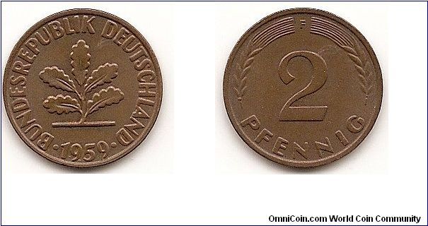 2 Pfennig
Federal Republic
KM#106
Bronze, 19.25 mm. Obv: Five oak leaves, date below Rev:
Denomination
