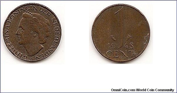 1 Cent
KM#175
2.0000 g., Bronze, 14 mm. Ruler: Wilhelmina I Obv: Head left
Rev: Value divides date Edge: Plain