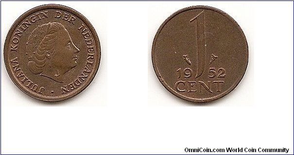 1 Cent
KM#180
2.0000 g., Bronze, 14 mm. Ruler: Juliana Obv: Head right Rev:
Value divides date