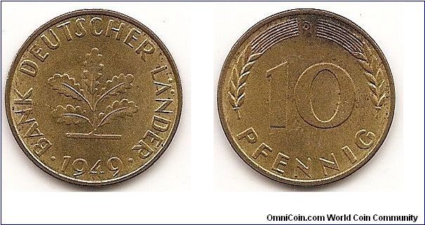 10 Pfennig
KM#103
4.0000 g., Brass Clad Steel, 21.5 mm. Obv: Five oak leaves, date below Obv. Legend: BANK DEUTSCHER LÄNDER Rev: Denomination