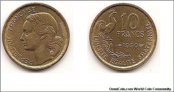 10 Francs
KM#915.1
3.0000 g., Aluminum-Bronze, 20 mm. Obv: Head left Rev: Denomination above date at right, rooster above laurel leaves at left Edge: Plain Note: Without mint mark.