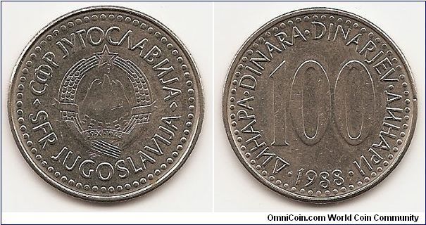 100 Dinara- Socialist Federal Republic -
KM#114
Copper-Zinc-Nickel, 29 mm. Obv: State emblem Rev: Denomination Edge: Milled