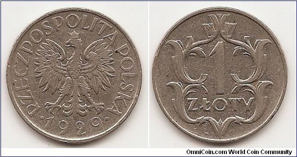 1 Zloty
Y#14
7.0000 g., Nickel, 25 mm. Obv: Crowned eagle with wings open
Rev: Value within stylized design