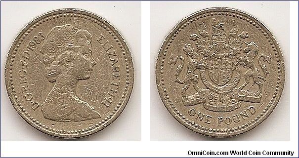 1 Pound
KM#933
9.5000 g., Nickel-Brass, 22.5 mm. Ruler: Elizabeth II Obv:
Young bust right Rev: Shield of Great Britain within the Garter,
crowned and supported, DECUS ET TUTAMEN