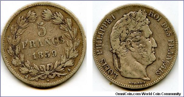 1839A 5F
King Louise Philippe I 1830 1848
A = Paris Mint mark
Hand Privy Mark Privy Mark