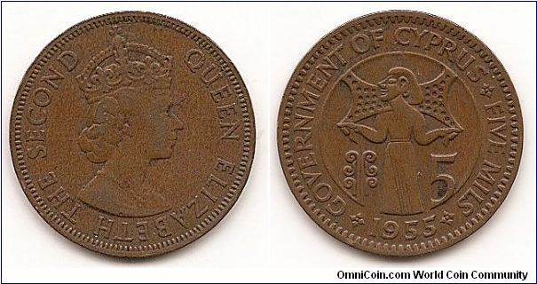 5 Mils
KM#34
Bronze Obv: Crowned bust right Rev: Standing figure with open
arms, date and denomination below