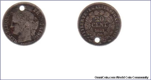 1851 20 centimes - holed