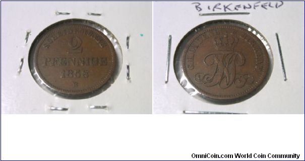 1858 B Birkenfeld, German State, KM# 15, Copper