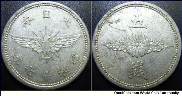 Japan 1942 5 sen. 1.0g. Neat example.