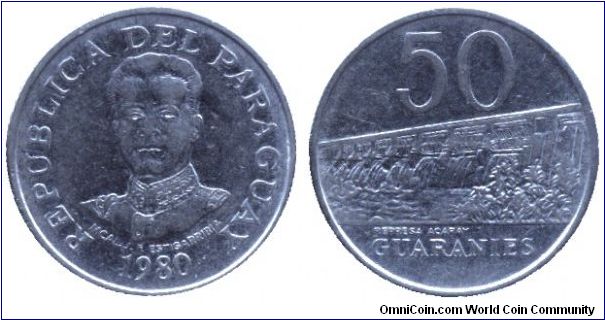 Paraguay, 50 guaranies, 1980, Represa Acaray Hydro Power Plant, MCal. J. F. Estigarribia.                                                                                                                                                                                                                                                                                                                                                                                                                           