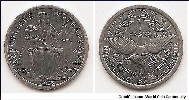 1 Franc
NEW CALEDONIA
KM#10
1.3000 g., Aluminum, 23 mm. Obv: Seated figure holding torch,
legend added Obv. Legend: I. E. O. M. Rev: Kagu bird within
sprigs below value Designer: G.B.L. Bazor