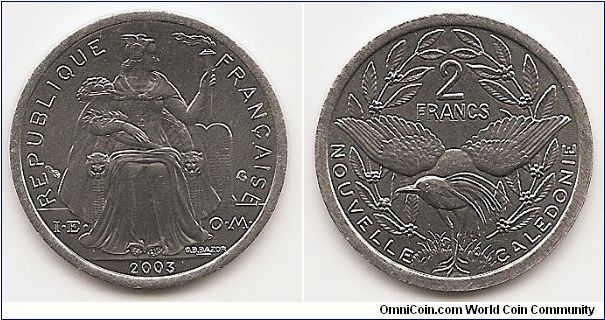 2 Francs
NEW CALEDONIA
KM#14
2.2000 g., Aluminum, 27 mm. Obv: Seated figure holding torch,
legend added Obv. Legend: I. E. O. M. Rev: Kagu bird and value
within sprigs