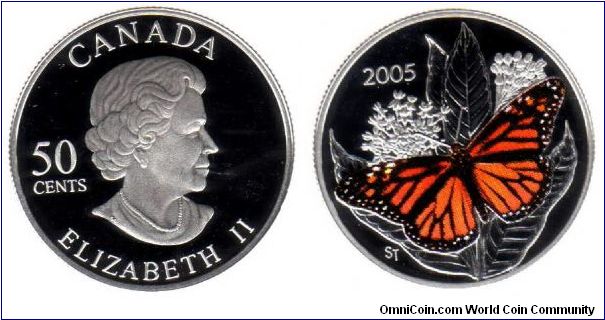 2005 50 cents - Colourized Monarch butterfly.