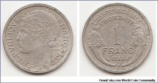 1 Franc
KM#885a.2
Aluminum, 23 mm. Obv: Laureate head left Rev: Cornucopias
flank denomination and date