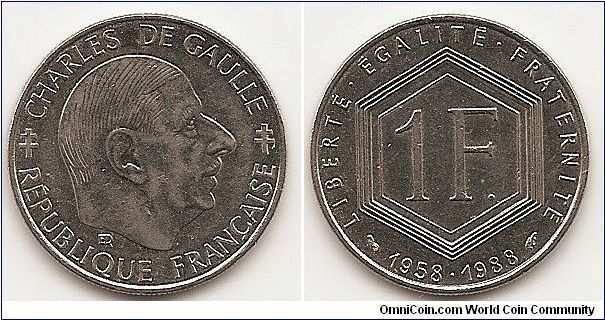 1 Franc
KM#963
6.0000 g., Nickel, 24 mm. Subject: 30th Anniversary of Fifth
Republic Obv: Head right Rev: Denomination within six sided
wreath, dates below