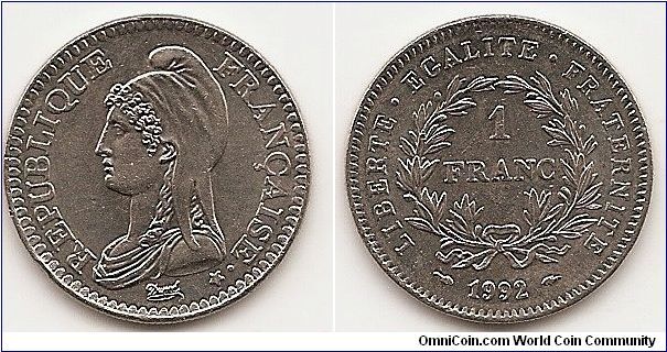 1 Franc
KM#1004.1
6.0000 g., Nickel, 24 mm. Subject: 200th Anniversary of French
Republic Obv: Liberty bust left Rev: Denomination within wreath,
date below