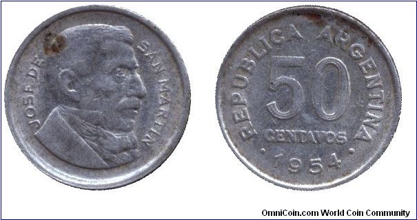 Argentina, 50 centavos, 1954, Cu-Ni, Jose de San Martin.                                                                                                                                                                                                                                                                                                                                                                                                                                                            