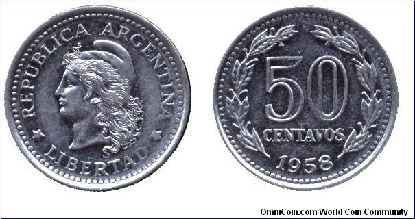 Argentina, 50 centavos, 1958, Ni-Steel, Libertad.                                                                                                                                                                                                                                                                                                                                                                                                                                                                   