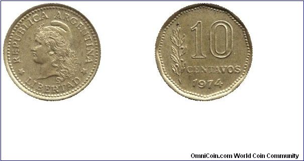 Argentina, 10 centavos, 1974, Brass, Libertad.                                                                                                                                                                                                                                                                                                                                                                                                                                                                      