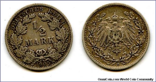 1905F
1/2 Mark
Value in Wreath
German Imperial Eagle 
Mint Mrk F = Stuttgart