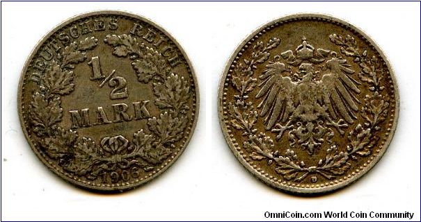 1906D
1/2 Mark
Value in Wreath
German Imperial Eagle 
Mint Mrk D = Munich