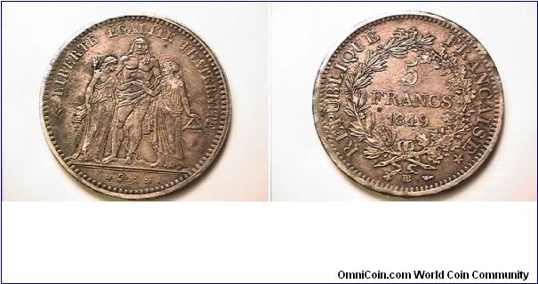 LIBERTE EGALITE FRATERNITE
REPUBLIQUW FRANCAISE 5 FRANCS
1849-BB (STRASBOURG) .900 silver
