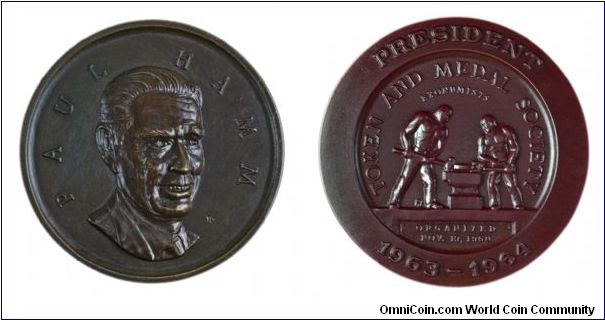 TAMS President Medal for Paul Hamm, 1963-1964. Sculpted by Dotie Dow.
